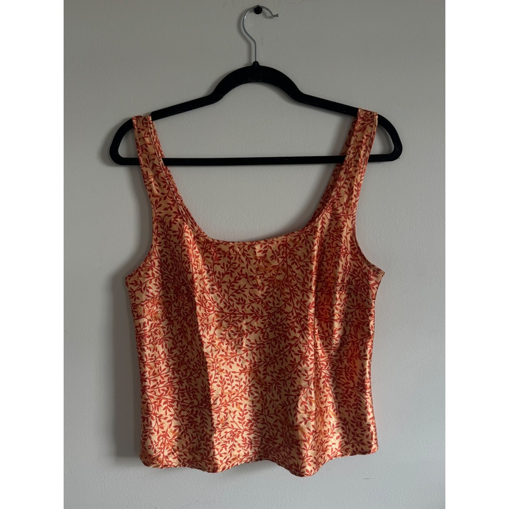 Victorias Secret Satin Tank Top Orange Red Leaf Print Scoop Neck Camisole Medium